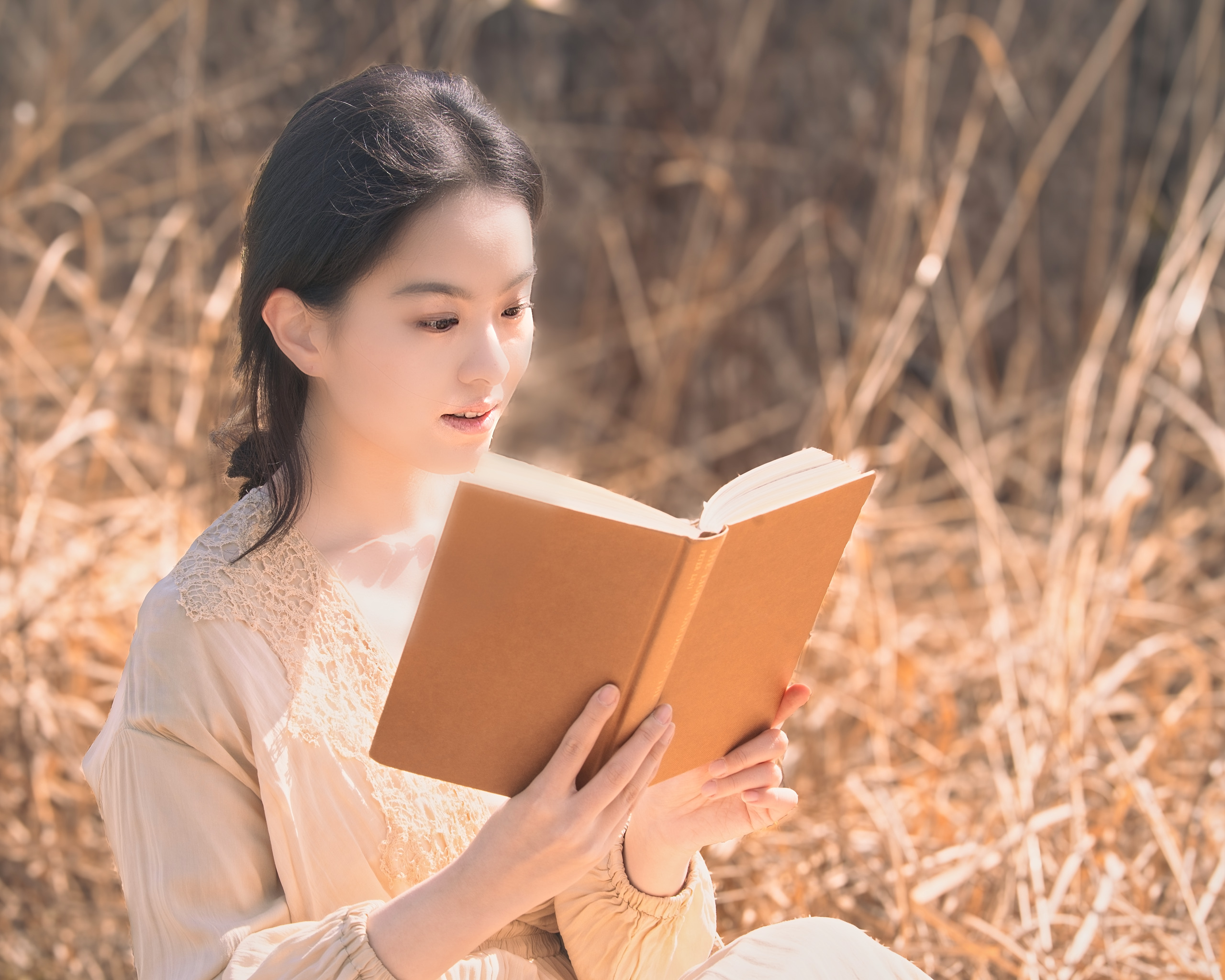 Young woman reading a book in golden winter grasses — Twin Cities event and senior portrait photography by Loon & Birch Photography